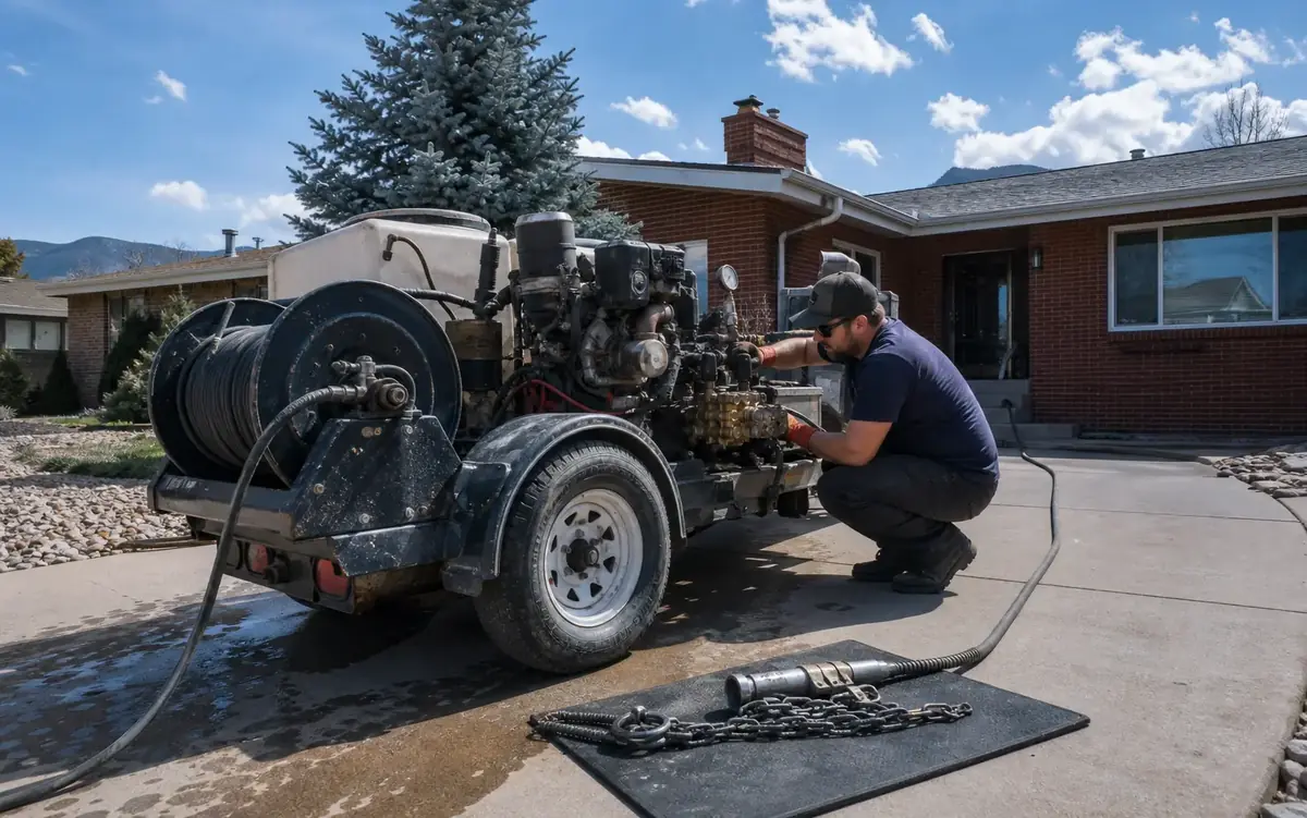 Hydro jetting unit running on a Denver driveway during a sewer line cleaning