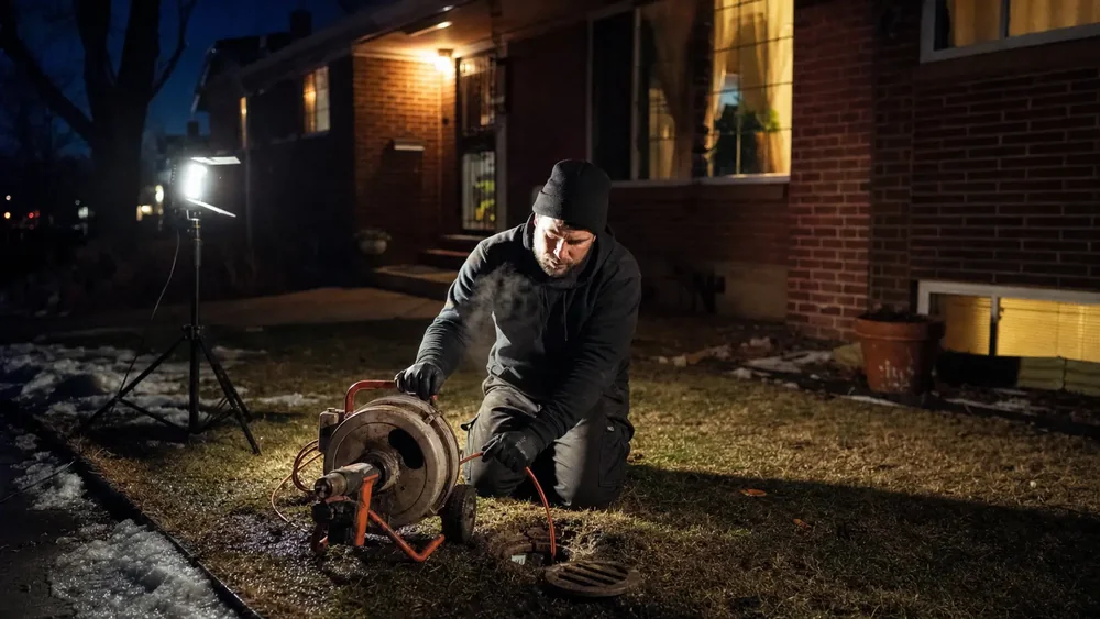 Drain service technician clearing a blocked sewer line at night in Denver