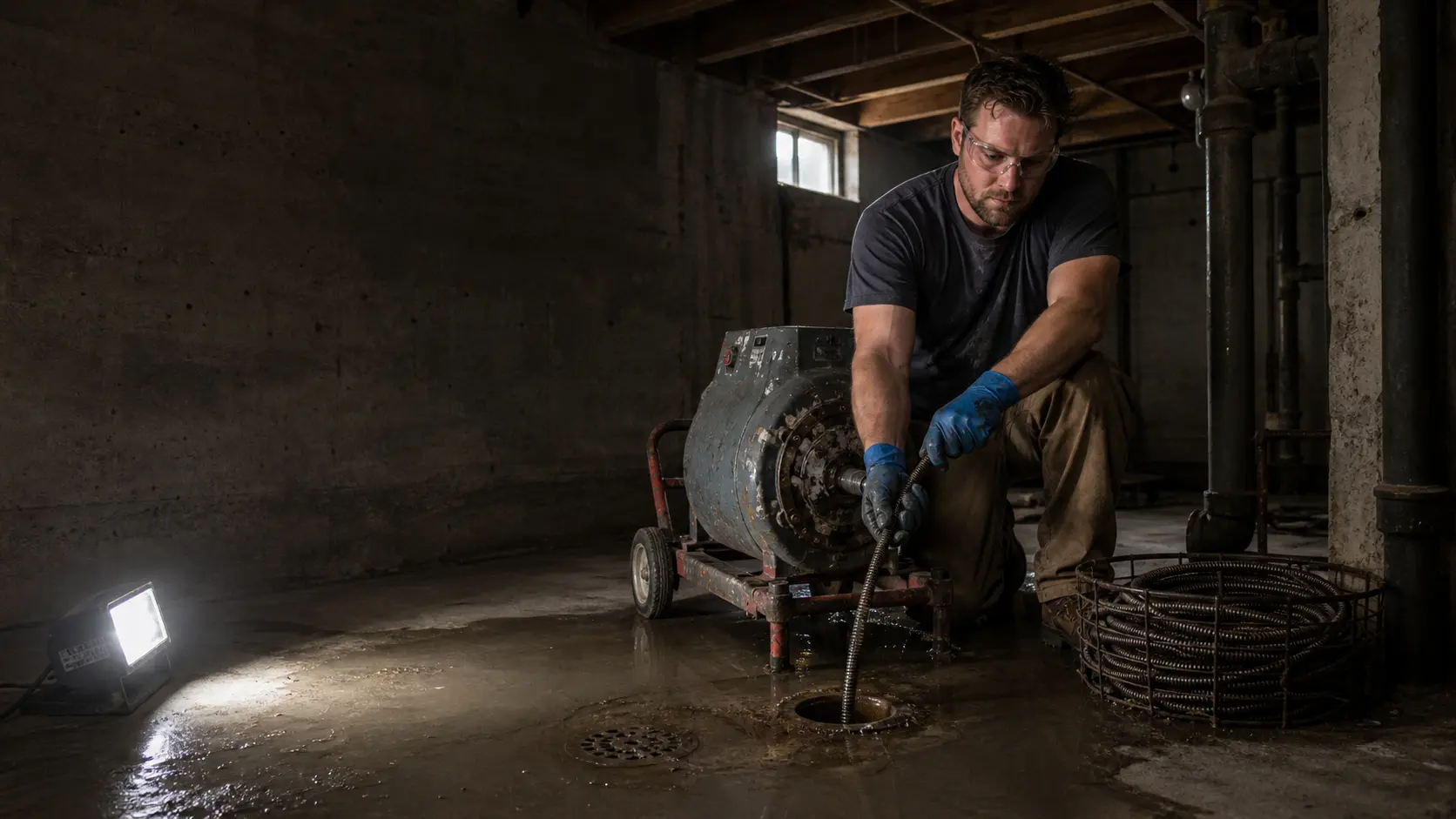 Professional drain cleaning in Denver using a sectional drain machine on a main line