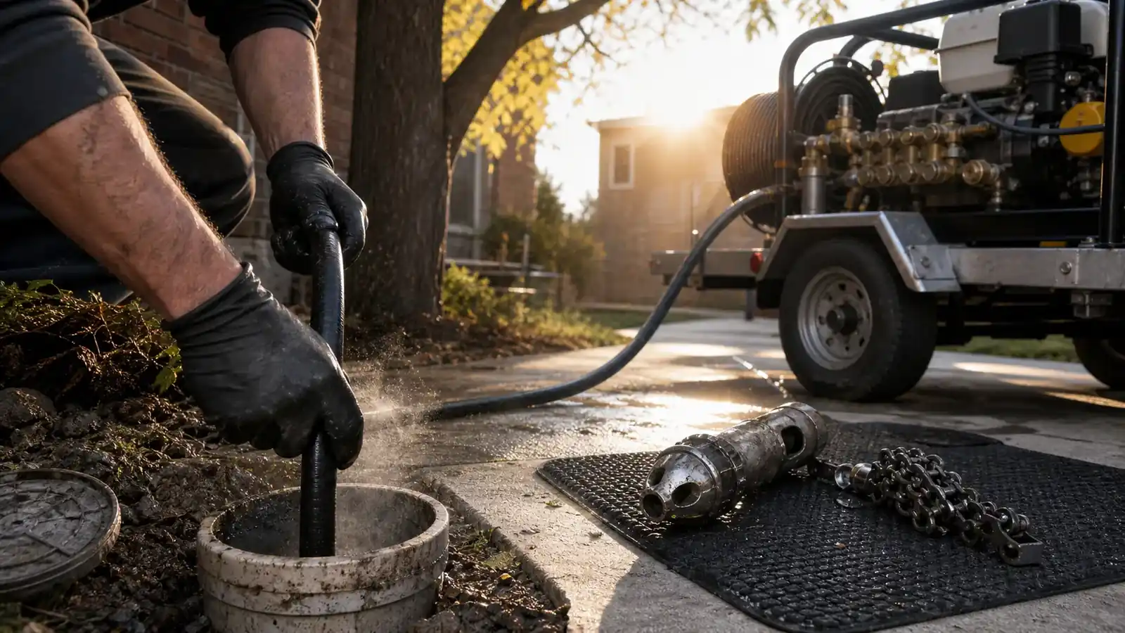 Hydro jetting a Denver sewer line with high-pressure water through an exterior cleanout