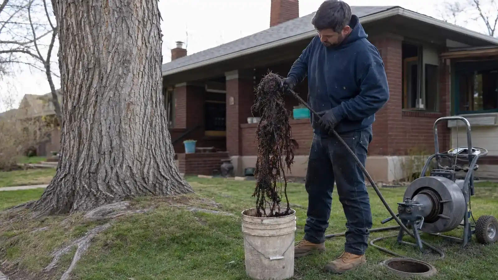 Rooter service in Denver removing tree roots from a sewer line under a mature elm
