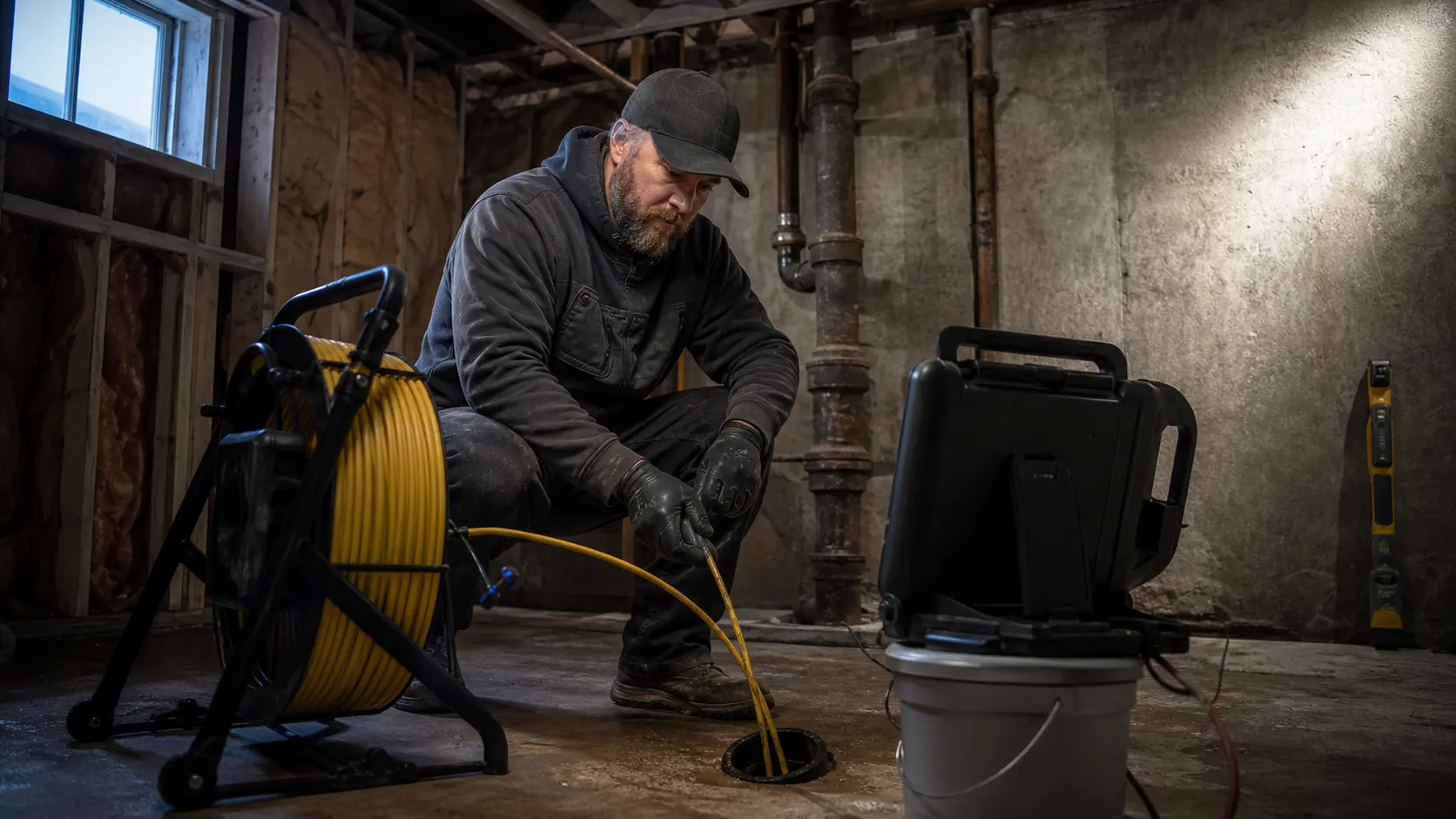 Sewer camera inspection in a Denver basement locating a blockage in the main line
