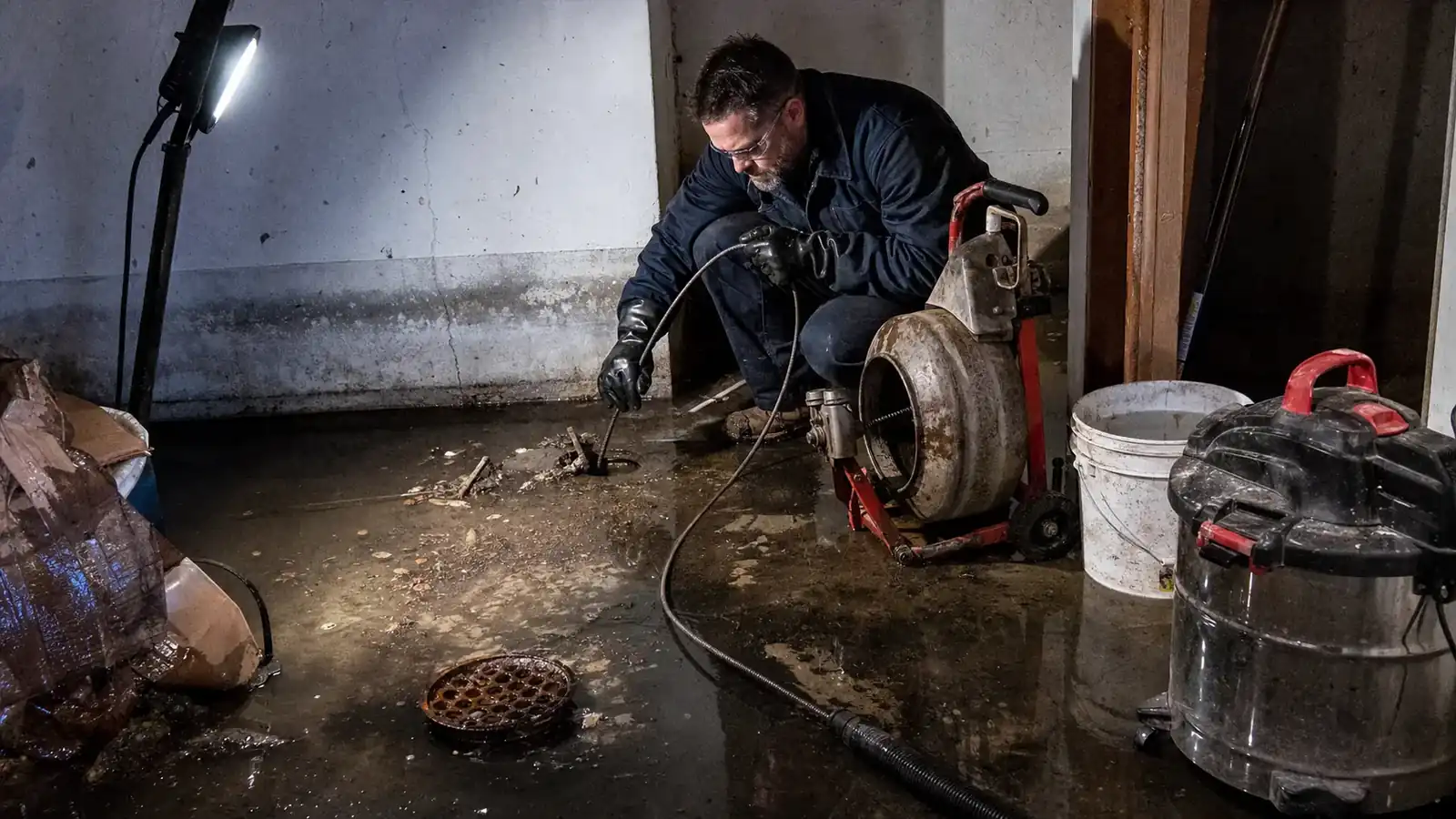 Emergency sewer backup in a Denver basement with standing water at the floor drain
