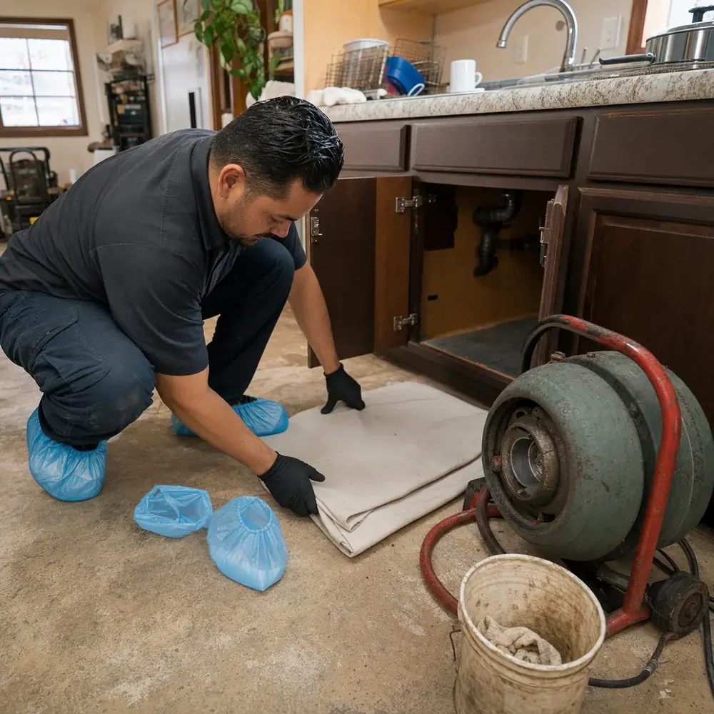 Drop cloths and floor protection laid down before drain work in a Denver home
