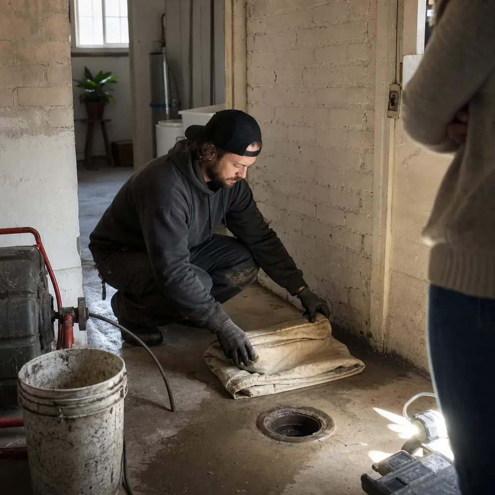 Denver drain technician walking a homeowner through what came out of the line