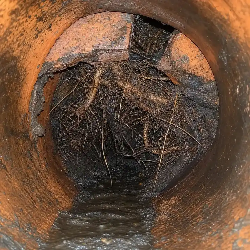 Tree roots filling the joint of a vitrified clay sewer lateral in Denver