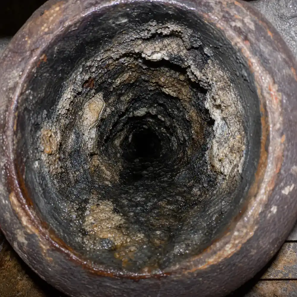 Cast iron drain pipe narrowed by heavy mineral scale, cleared by hydro jetting in older Denver homes