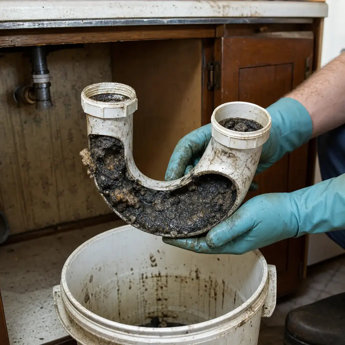 Grease plug removed from a P-trap during a Denver clogged drain repair