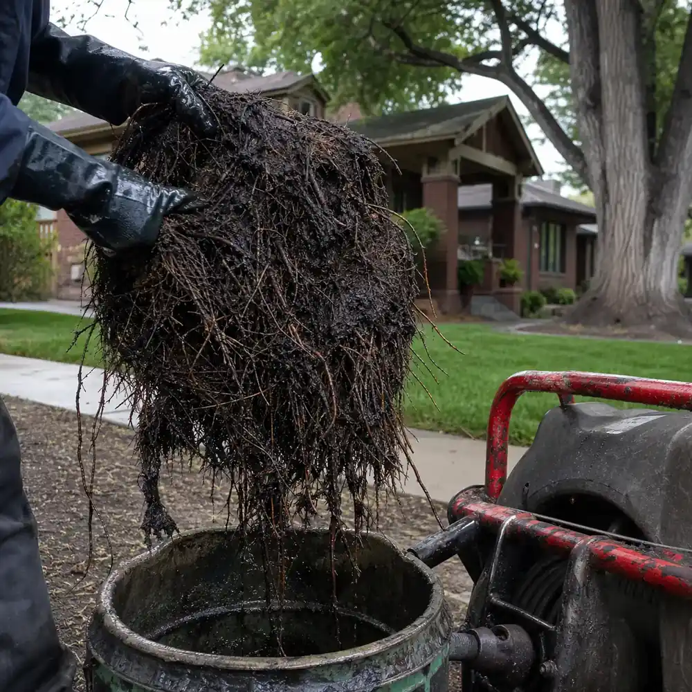 Root mass pulled from a Denver main sewer line