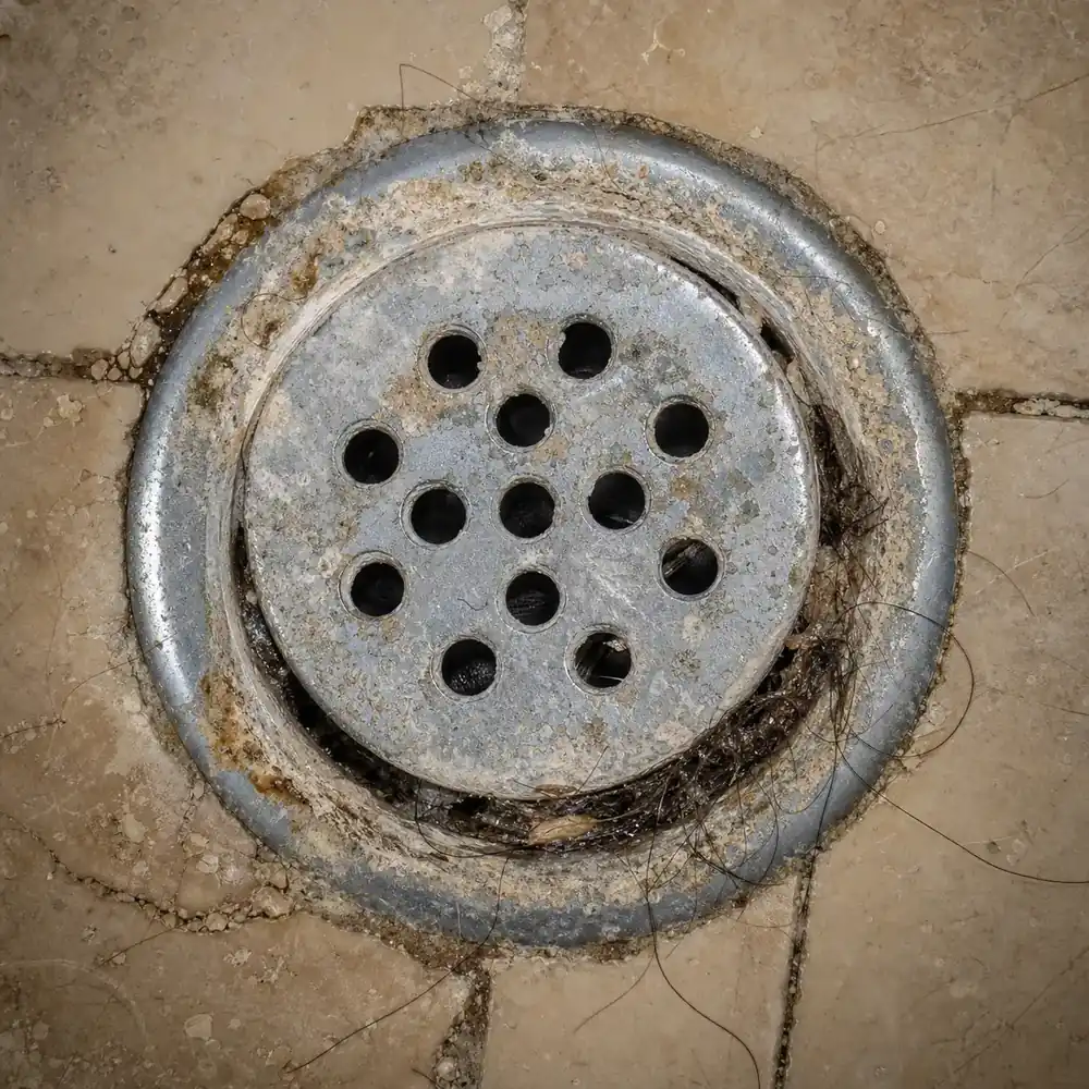 Mineral scale and hair buildup inside a Denver shower drain