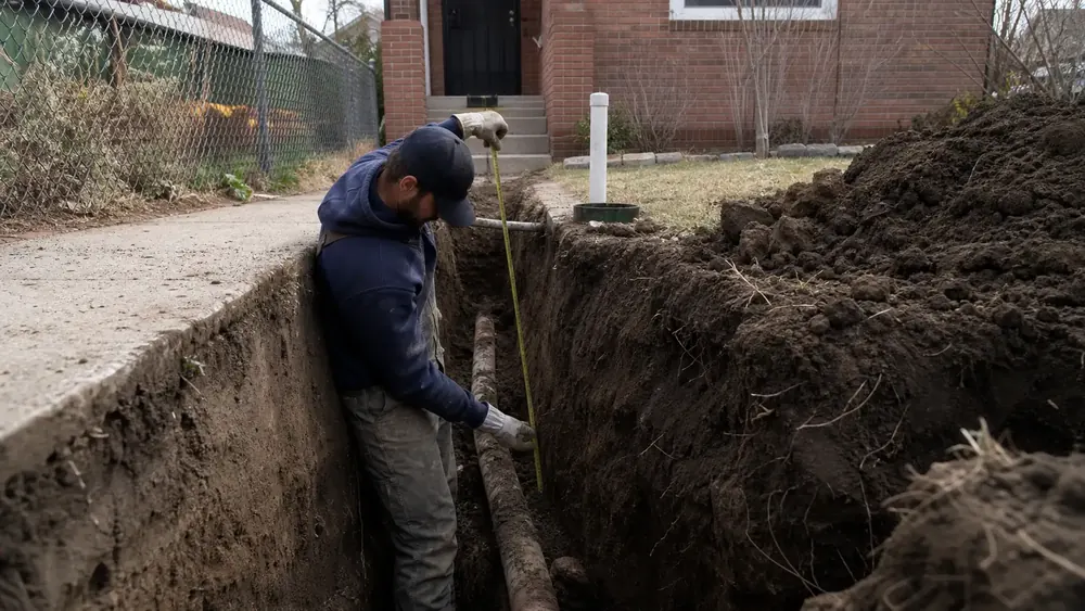Open trench showing the depth of an original sewer lateral under a rebuilt Denver property