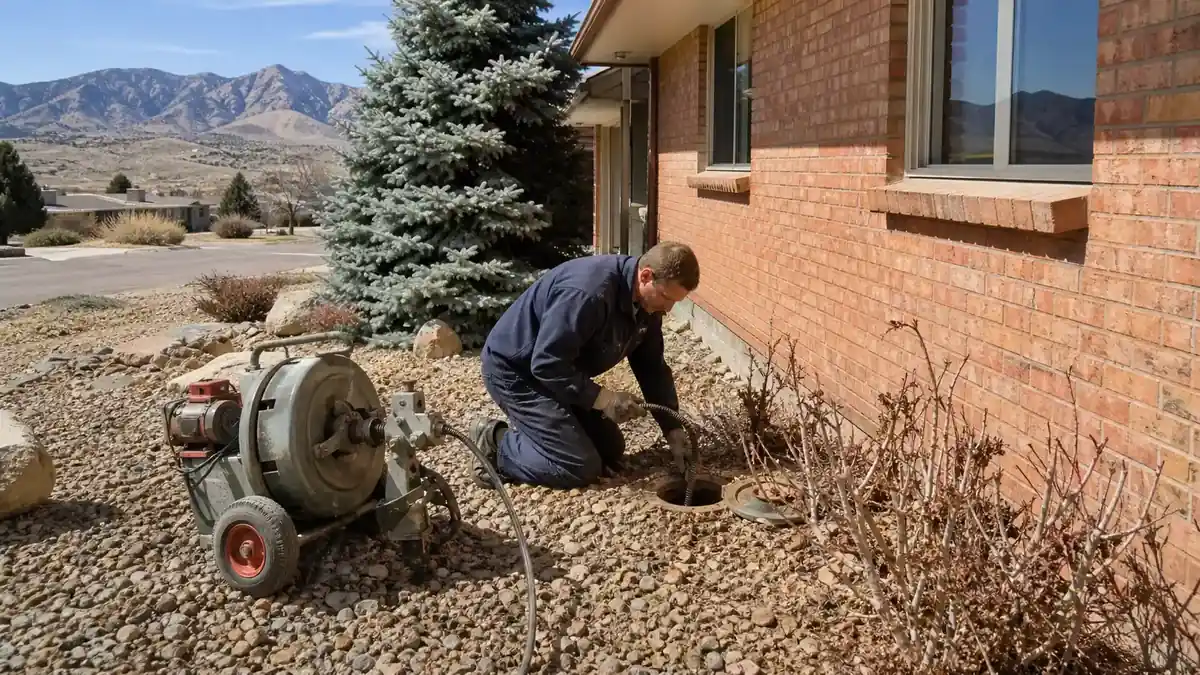 Drain cleaning at a Lakewood, CO brick ranch home with the foothills behind
