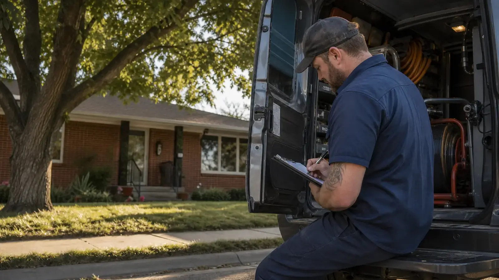 Denver plumber writing up a drain cleaning quote at the back of his van