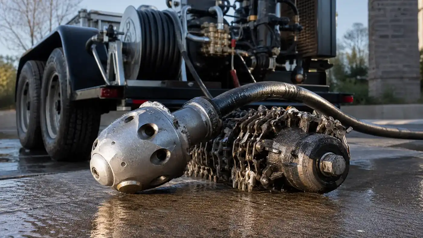 Hydro jetting nozzle and root cutting head used for Denver sewer line cleaning