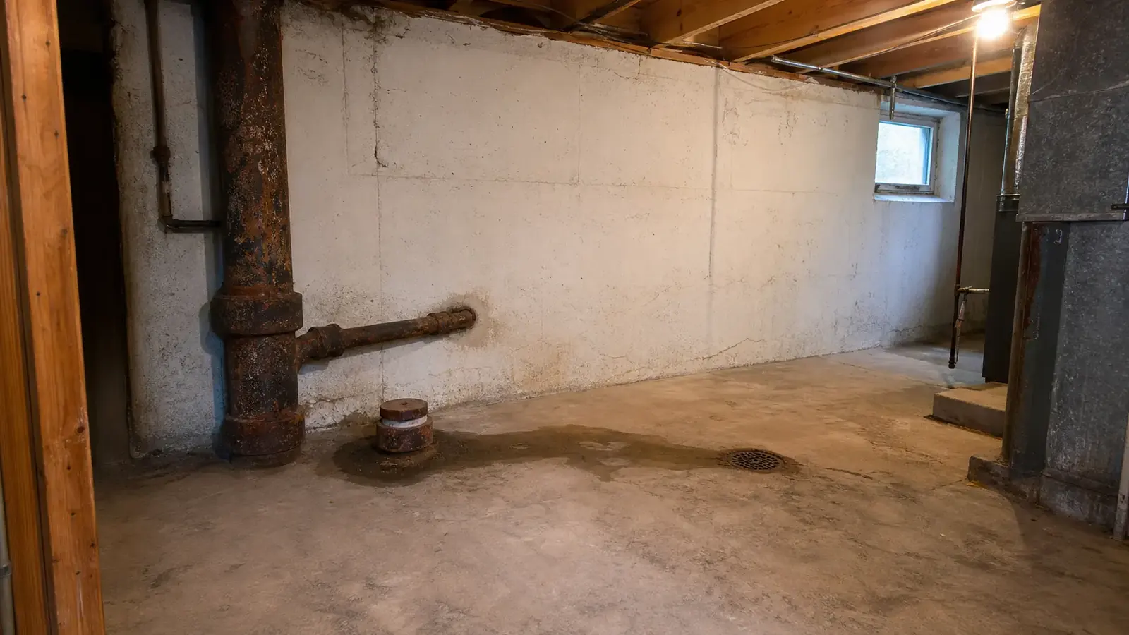 Basement main drain stack and floor cleanout used to tell a local clog from a sewer line problem