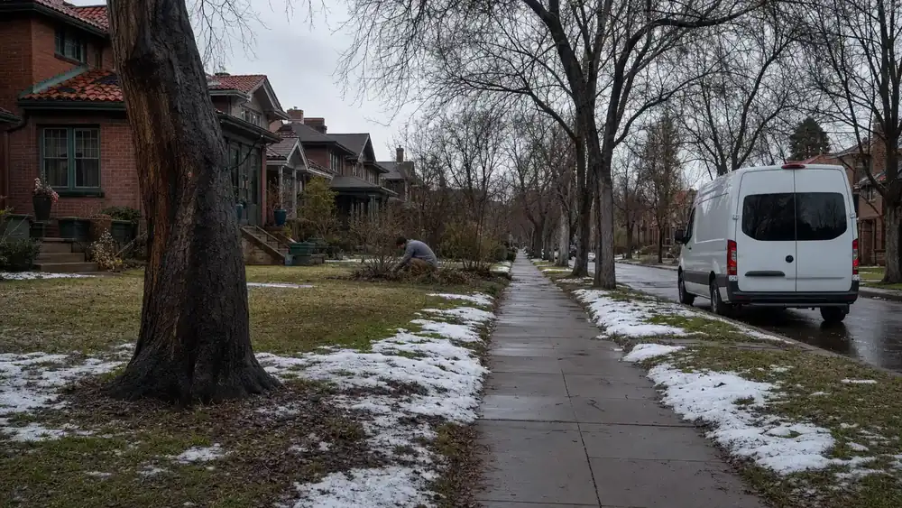 Early spring in a Denver neighborhood, when tree root sewer line blockages peak